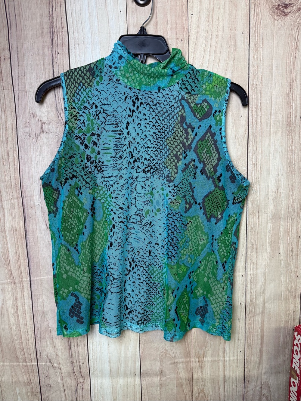 Joie Sleeveless Mock-Neck Sheer Snake-Print Top in Teal & Green